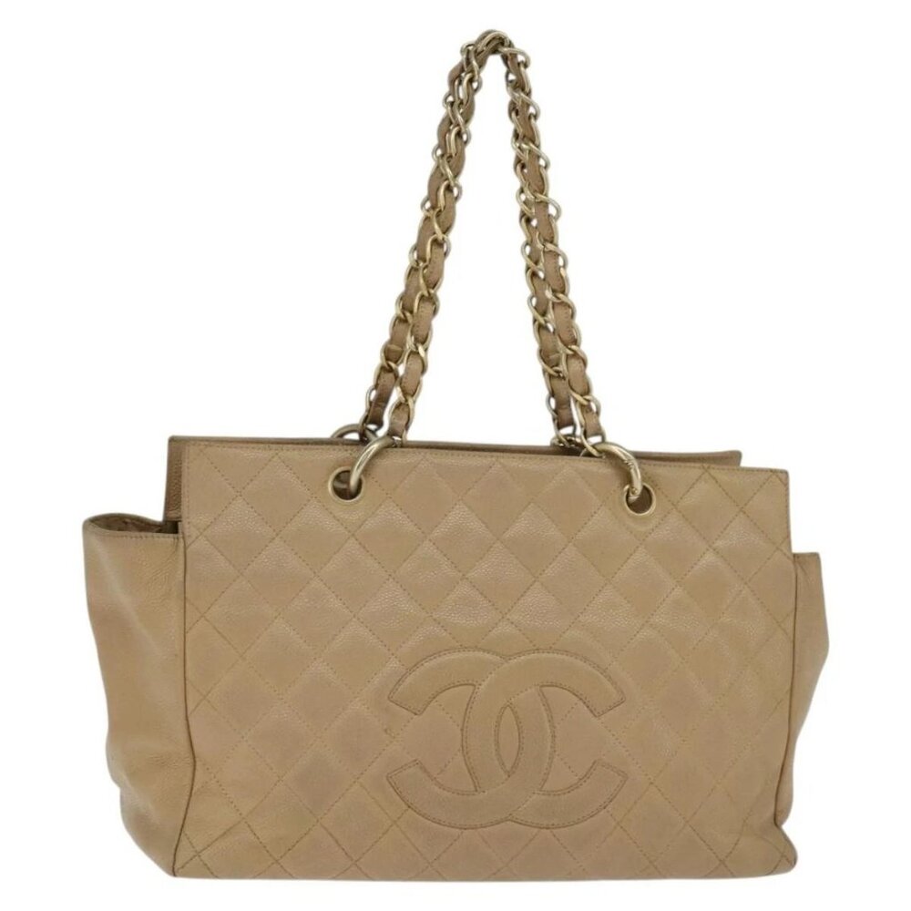 CHANEL Matelasse COCO Mark Chain Tote Bag Grained Calf Skin Beige Gold CC Au...